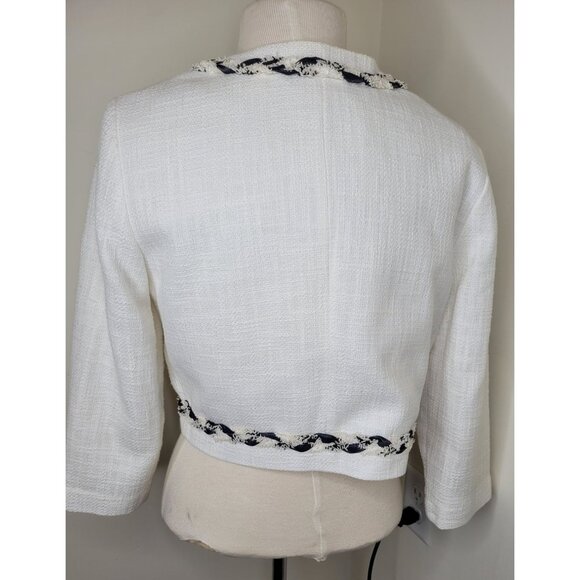 Womens Karl Lagerfeld Paris White Tweed Open Cropped Jacket Braided Trim M - Picture 3 of 8